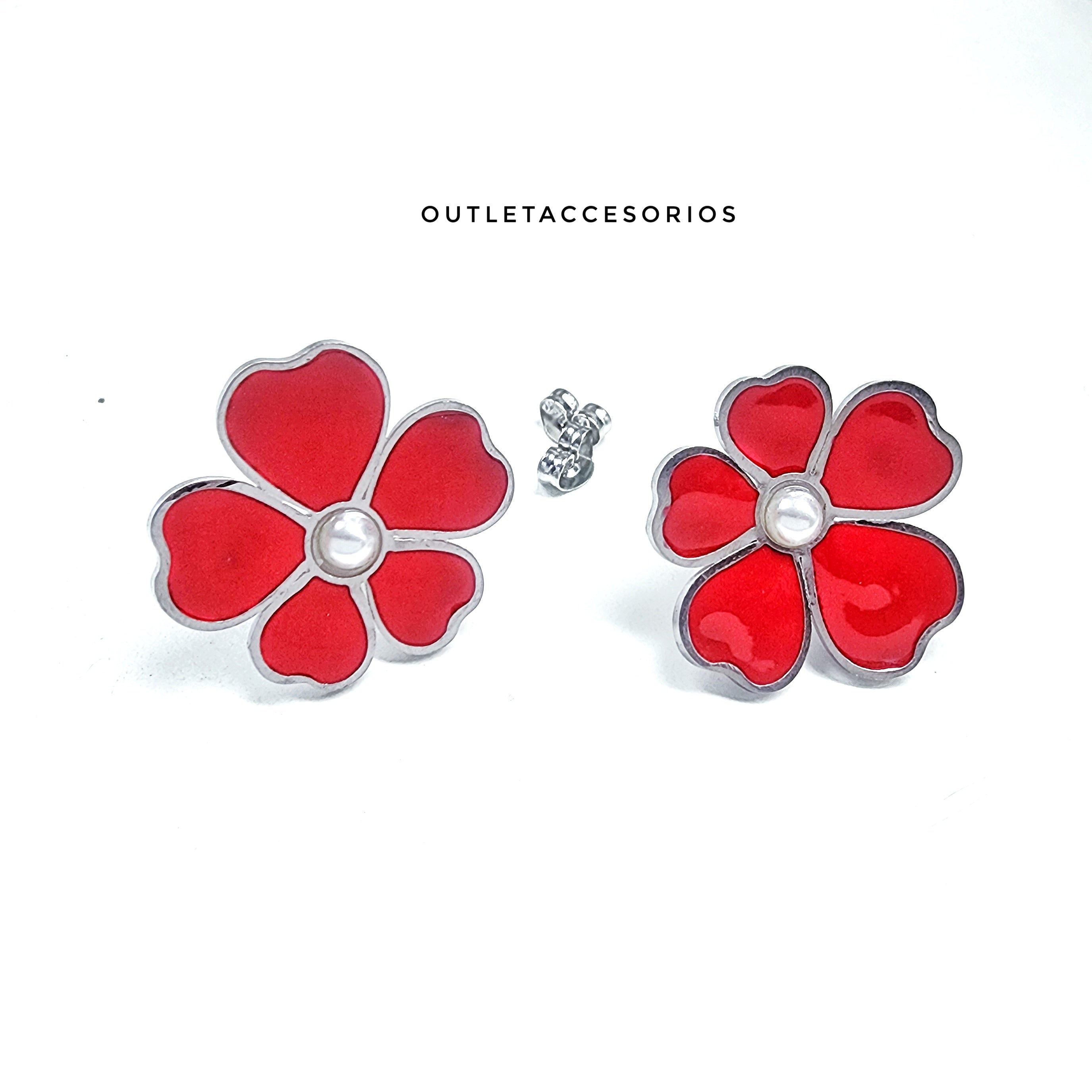 Aros Flor Roja Plateado