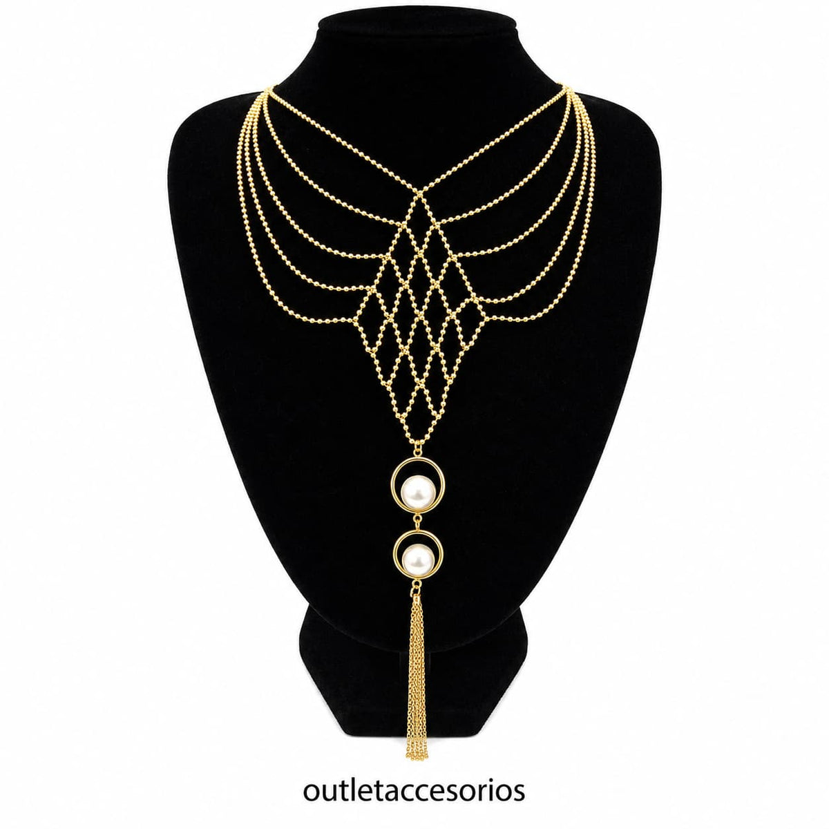 Collar dorado multicapa con cadenas de bolitas y elegante perla colgante. Diseño sofisticado y femenino, ideal para complementar cualquier look.