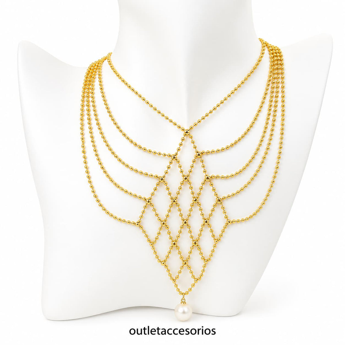 Collar dorado multicapa con cadenas de bolitas y elegante perla colgante. Diseño sofisticado y femenino, ideal para complementar cualquier look.