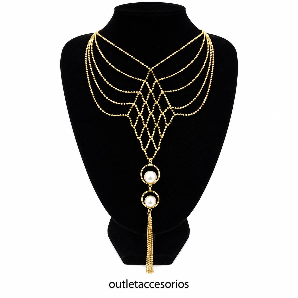 Collar dorado multicapa con cadenas de bolitas y elegante perla colgante. Diseño sofisticado y femenino, ideal para complementar cualquier look.
