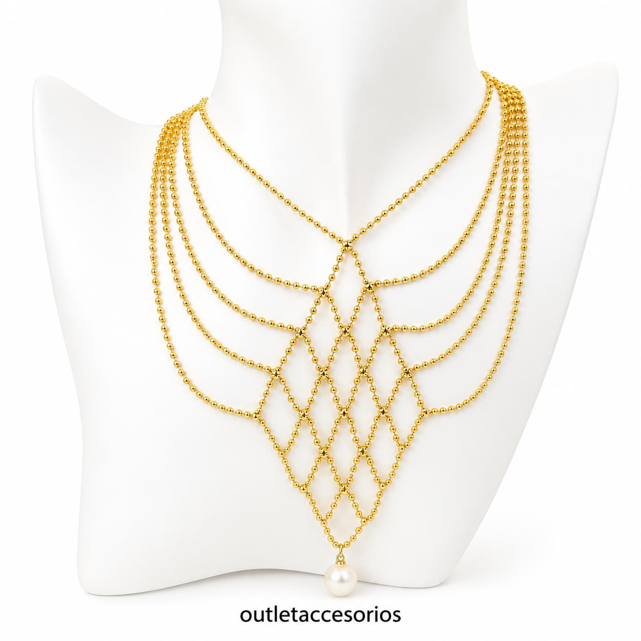 Collar dorado multicapa con cadenas de bolitas y elegante perla colgante. Diseño sofisticado y femenino, ideal para complementar cualquier look.